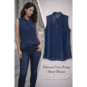 Princess Vera Wang Sheer Navy Sleeveless Blouse Floral Embroidered Size Small